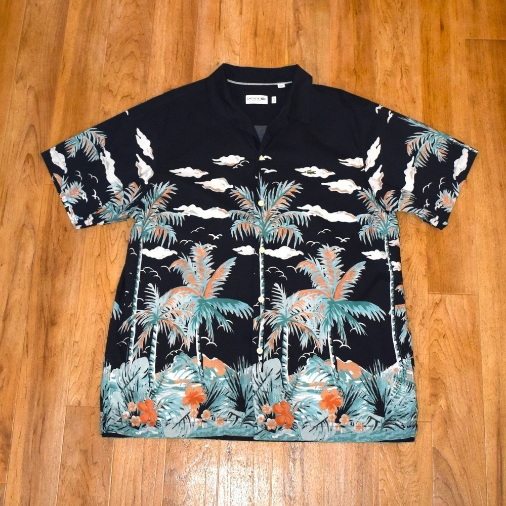Lacoste Button Down Shirt Mens XL Navy Blue Excellent Tropical‎ Palm Tree Print